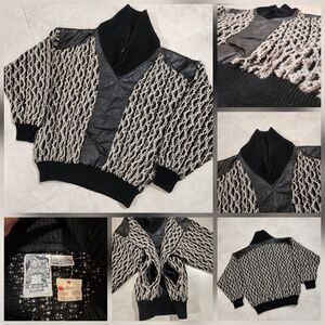 VTG K. Cosa Men M Medium Cableknit Chunky Knit Leather Trim Shawl Collar Sweater